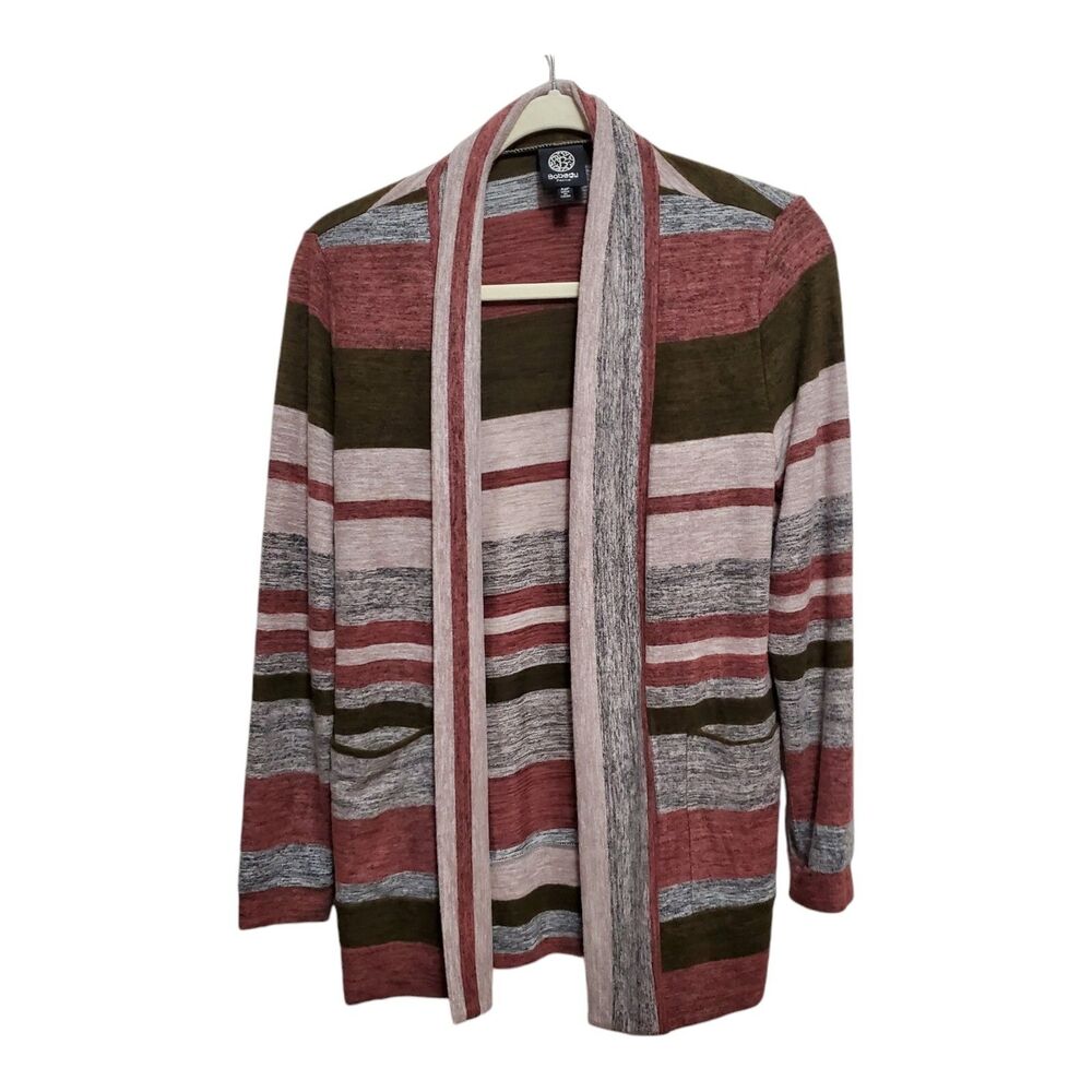 Bobeau Cardigan Sweater Stripes Size XS Petite Pink Gray Brown Soft Cozy NEW